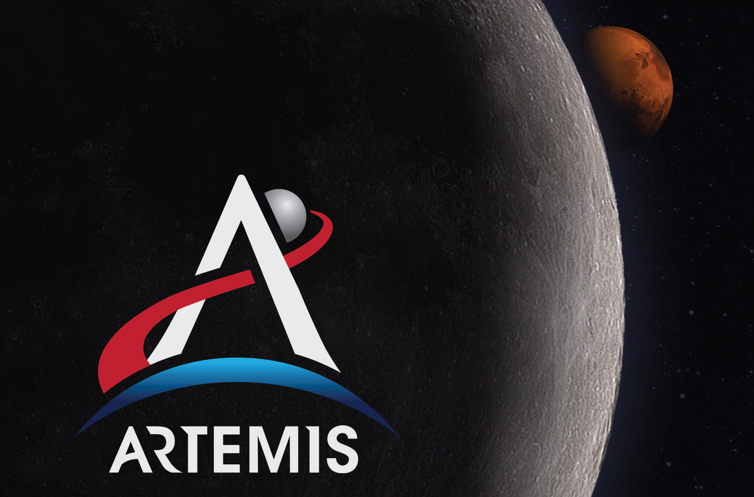 Artemis Logo with image of the moon behind and mars behind that